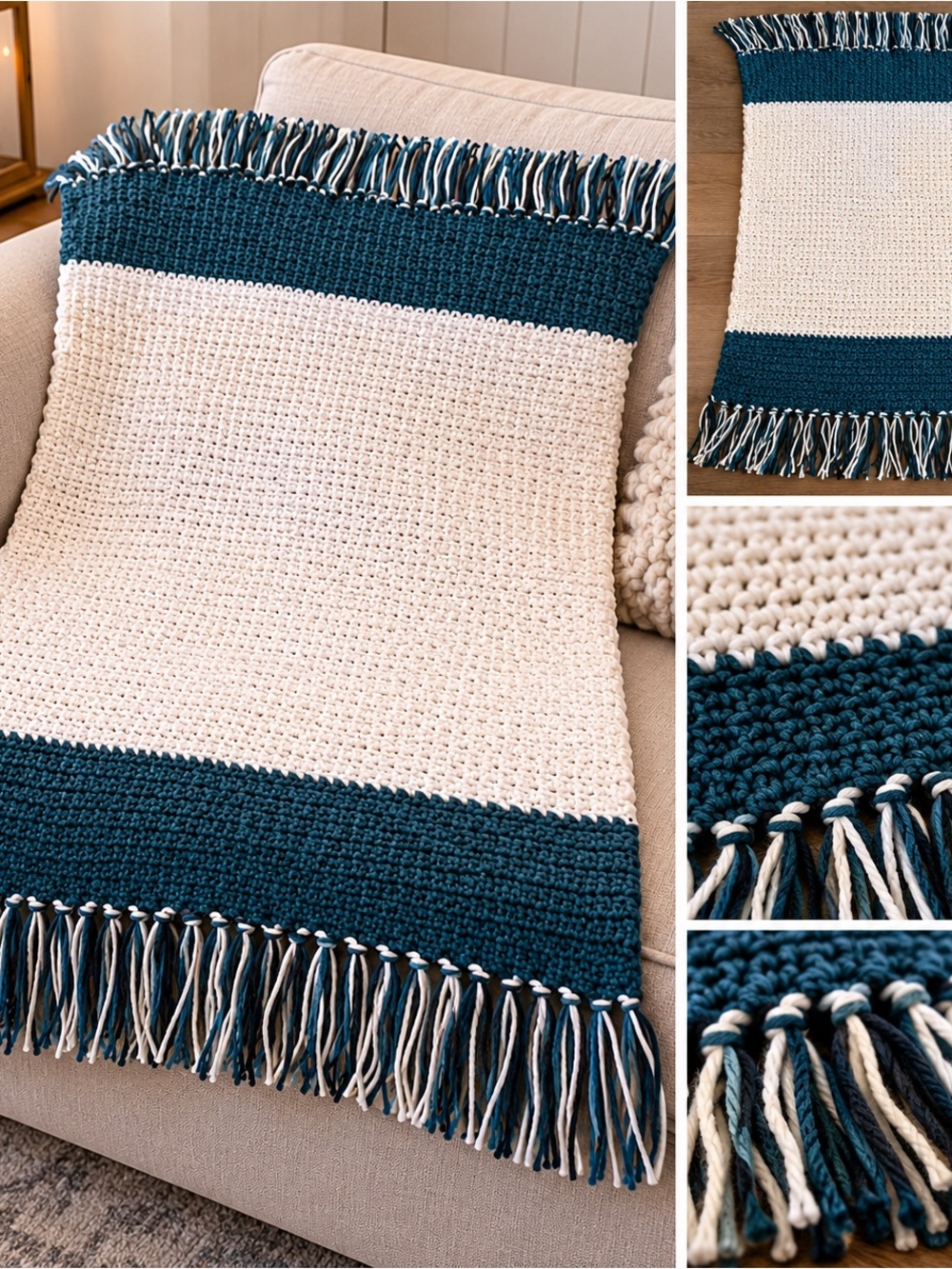 Cozy Two-Tone Teal and Cream Fringe Throw Blanket